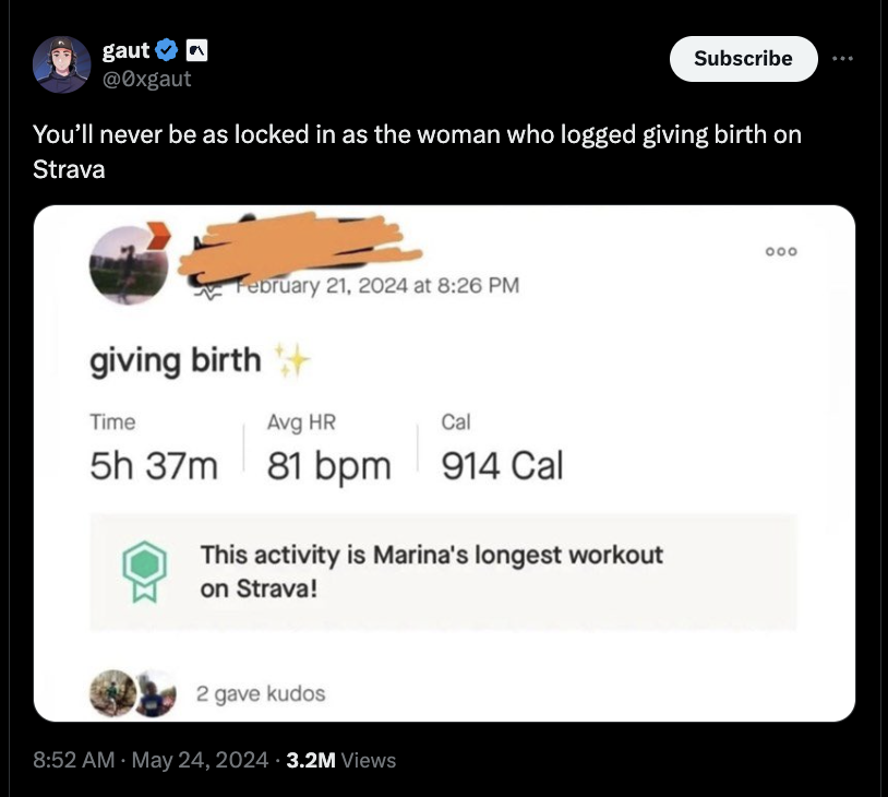 screenshot - gaut Subscribe You'll never be as locked in as the woman who logged giving birth on Strava at giving birth Time Avg Hr 5h 37m Cal 81 bpm 914 Cal This activity is Marina's longest workout on Strava! 2 gave kudos 3.2M Views 000